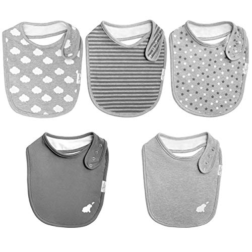 Budding Bear Baberos Bebe Unisex Algodón 100% Orgánico (Pack de 5) - Premium Baberos Impermeables Bebe - Pechitos con Forro Toalla Absorbente - Gris - 4 Botones a Presión Sin Níquel - 0 a 36 Meses