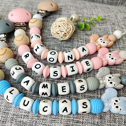 Cadenas Chupetes Personalizados Silicona Clips de Chupete Nombre Perlas de dentición Ardilla Mordedores Chupetero para Niño Chicas Bebé Regalo de Ducha(Durazno)