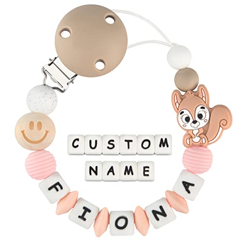 Cadenas Chupetes Personalizados Silicona Clips de Chupete Nombre Perlas de dentición Ardilla Mordedores Chupetero para Niño Chicas Bebé Regalo de Ducha(Durazno)