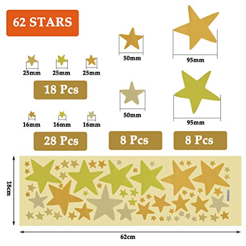 Calcomanía Pegatinas Pared de Estrella Adhesiva Cielo Estrellado 62PCS- Set Pegatinas de Pared Estrella - Bebé Cielo Estrellado para Pegar Pegatina de Pared Decoración de Pared, Niños Pequeños Dorado