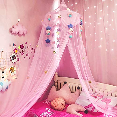 Cama con Dosel para Niños, Redondo Malla Cortinas Mosquitera Dosel Tienda, Toldo de Cuna con Decoración de Peluche - Decoración del Dormitorio