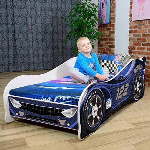 Cama infantil coche de carreras + somier (barandas) + colchón de espuma con cubierta (140 x 70 cm (3-5 años), navy 122)