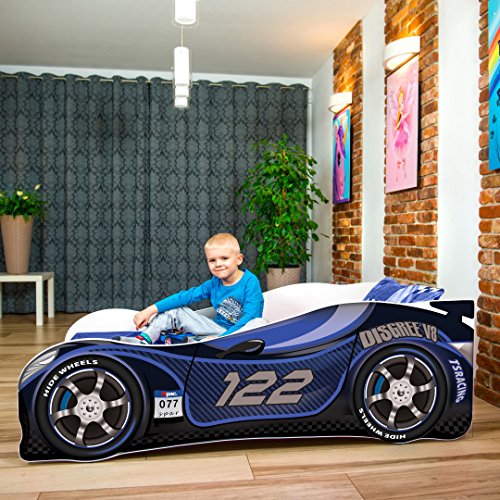 Cama infantil coche de carreras + somier (barandas) + colchón de espuma con cubierta (140 x 70 cm (3-5 años), navy 122)