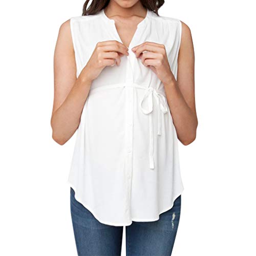 Camisa de Mujer Maternidad con Botones, premamá Lactancia Camisa Blusa sin Mangas Verano Camiseta Tops Blanco XXL