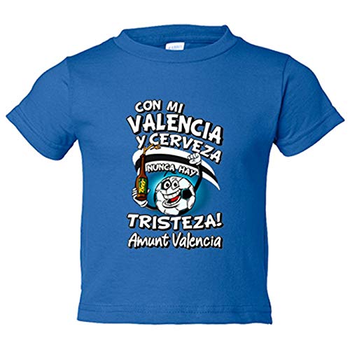 Camiseta bebé frase con mi Valencia y cerveza nunca hay tristeza para aficionado al fútbol - Azul Royal, 1 año