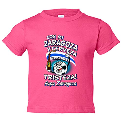 Camiseta bebé frase con mi Zaragoza y cerveza nunca hay tristeza para aficionado al fútbol - Rosa, 2 años