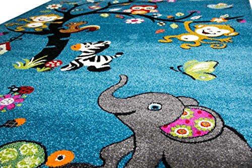 CARPETIA Alfombra los niños Alfombra de Juego zoológico Animales Elefante Zorro Tortuga Mono Ardilla Cebra búho Turquesa Größe 140x200 cm