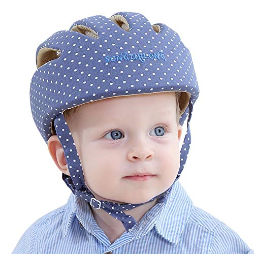 Casco de seguridad ajustable para bebé Protectores para la cabeza Arnés de protección Sombrero Proporciona un entorno más seguro cuando aprende a gatear Jugar a pie (Punto Azul)