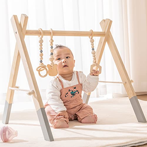 Caudblor Gimnasio Madera Bebe, Gimnasios Infantil Actividades para Bebes, Gimnasio para bebé de Madera, Baby Gym Juegos Sensoriales Juguete Educativo para Niños (Natural-gym)