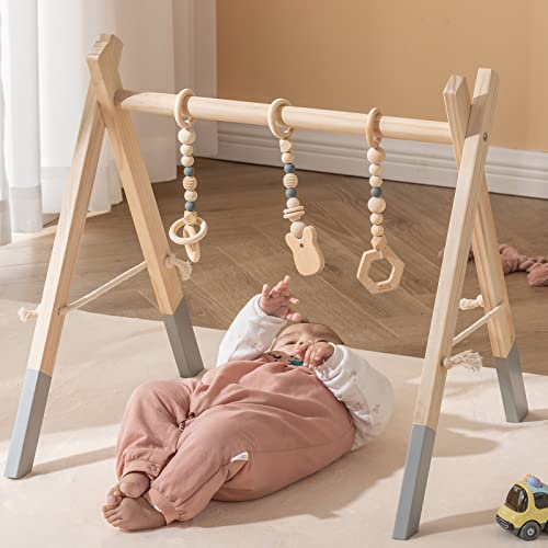 Caudblor Gimnasio Madera Bebe, Gimnasios Infantil Actividades para Bebes, Gimnasio para bebé de Madera, Baby Gym Juegos Sensoriales Juguete Educativo para Niños (Natural-gym)