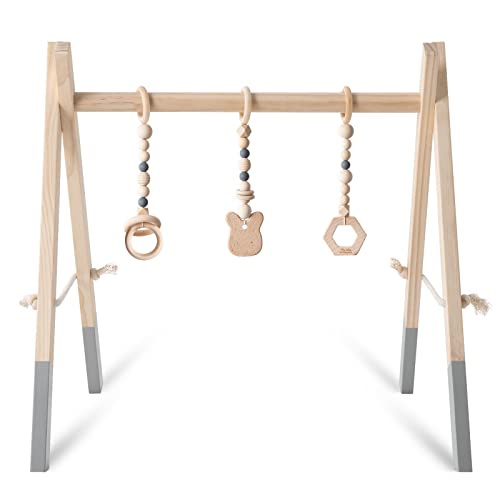 Caudblor Gimnasio Madera Bebe, Gimnasios Infantil Actividades para Bebes, Gimnasio para bebé de Madera, Baby Gym Juegos Sensoriales Juguete Educativo para Niños (Natural-gym)