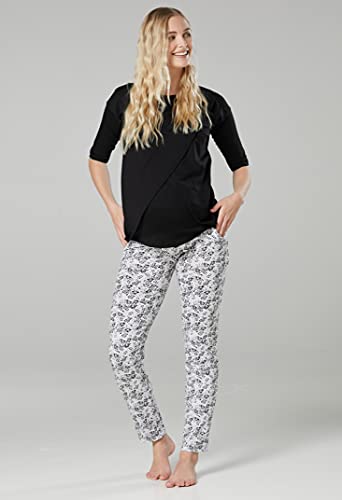 Chelsea Clark Para Mujer Pijama Premamá Embarazo Lactancia Ropa de Salón (Negro Y Flores PEQUEÑAS, XL)