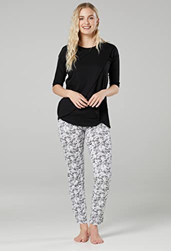 Chelsea Clark Para Mujer Pijama Premamá Embarazo Lactancia Ropa de Salón (Negro Y Flores PEQUEÑAS, XL)