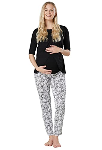 Chelsea Clark Para Mujer Pijama Premamá Embarazo Lactancia Ropa de Salón (Negro Y Flores PEQUEÑAS, XL)