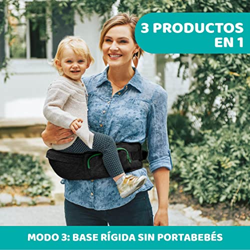 Chicco Hip Seat Mochila Portabebés desde 0 Meses hasta 15 kg, Mochila para Bebé Multifunción 3 en 1 con Base Rígida, Hombreras Acolchadas y Capucha Protectora, 8 Posiciones, Negro (Pirate Black)