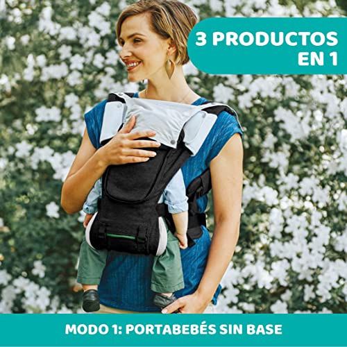 Chicco Hip Seat Mochila Portabebés desde 0 Meses hasta 15 kg, Mochila para Bebé Multifunción 3 en 1 con Base Rígida, Hombreras Acolchadas y Capucha Protectora, 8 Posiciones, Negro (Pirate Black)