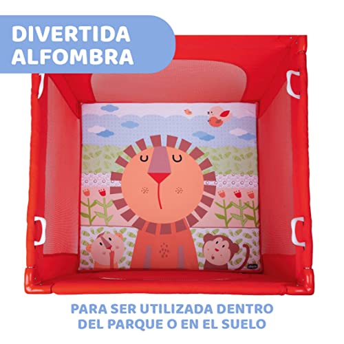 Chicco Open Box Parque Bebé de 0 Meses a 15 Kg – Parque Plegable y Compacto, Parque de Juegos con Alfombra Extraíble, Ventanas de Malla, 4 Asas y Bolsa de Transporte, Color Rojo (Lion)