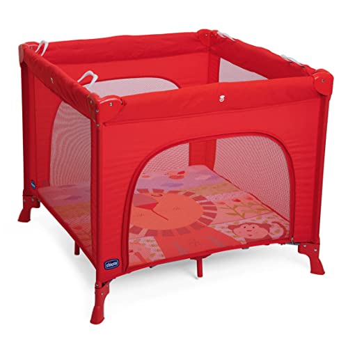 Chicco Open Box Parque Bebé de 0 Meses a 15 Kg – Parque Plegable y Compacto, Parque de Juegos con Alfombra Extraíble, Ventanas de Malla, 4 Asas y Bolsa de Transporte, Color Rojo (Lion)