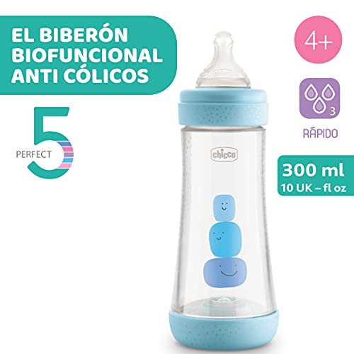 Chicco Perfect 5 Biberones Anticólicos Con Tetina De Silicona De Flujo Rápido Para Bebés 4 Meses, Biofuncional Con Sistema Intuiflow, Color Azul, 300 ml