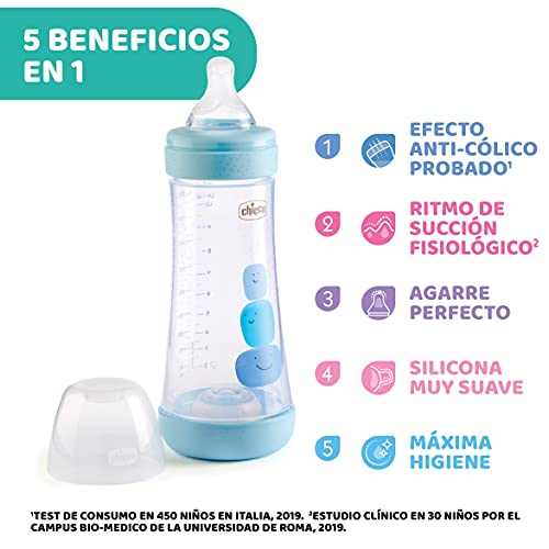 Chicco Perfect 5 Biberones Anticólicos Con Tetina De Silicona De Flujo Rápido Para Bebés 4 Meses, Biofuncional Con Sistema Intuiflow, Color Azul, 300 ml