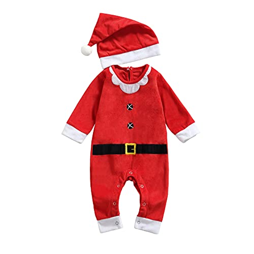 Chollius Vestido de Navidad 2 Piezas Recién Nacido 0-24 Meses Mameluco de Papá Noel Mono de Manga Larga con Cuello Redondo + Sombrero de Bola Botones Cierre Unisex Pijama Cálido (Red-Christmas,90)