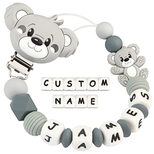 Chupetero Personalizado para Bebe con Nombre Cadenas Chupetes koala Oso Mordedores Perlas de dentición de Silicona para Niño Chicas Regalo de Ducha(Gris)