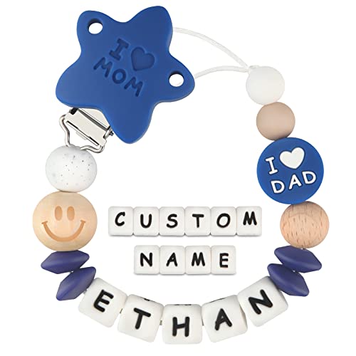 Chupetero Personalizado para Bebe con Nombre Cadenas Chupetes Mamma Papà Mordedores Perlas de dentición de Silicona para Niño Chicas Regalo de Ducha(Azul Marino)