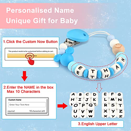 Chupetero Personalizado para Bebe con Nombre Cadenas Chupetes Ratón Mordedores Perlas de dentición de Silicona para Niño Chicas Regalo de Ducha(Azul)