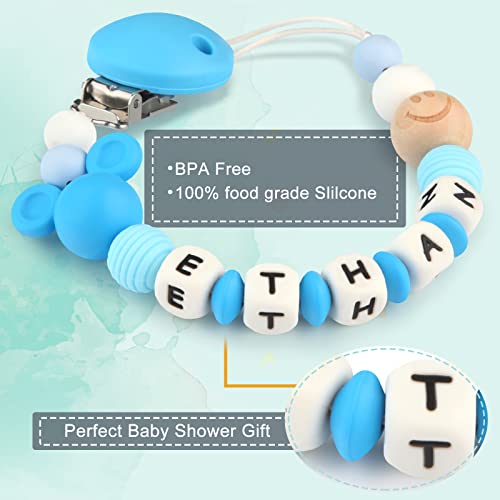 Chupetero Personalizado para Bebe con Nombre Cadenas Chupetes Ratón Mordedores Perlas de dentición de Silicona para Niño Chicas Regalo de Ducha(Azul)