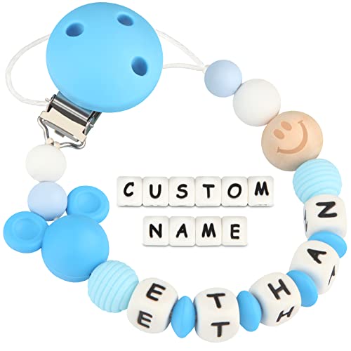 Chupetero Personalizado para Bebe con Nombre Cadenas Chupetes Ratón Mordedores Perlas de dentición de Silicona para Niño Chicas Regalo de Ducha(Azul)