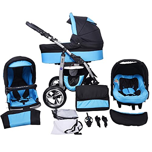 Cochecito 3 en 1 Megaset todo en un Isofix Dino by ChillyKids negro y turquesa, 3 en 1 con portabebés