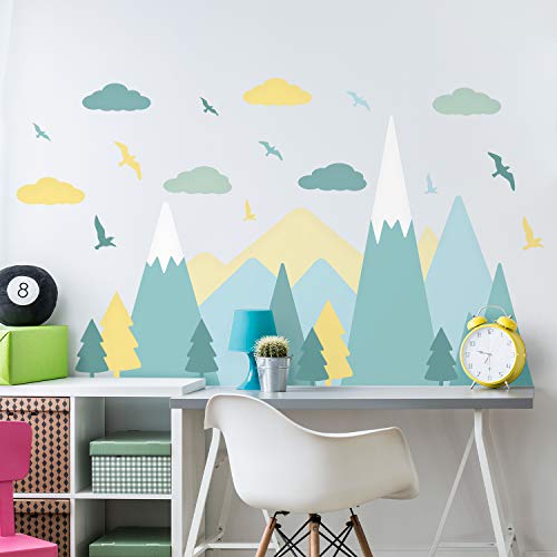 Colorido paisaje de las montañas escandinavo, pegatinas de pared para niños, pegatinas de montaña, guardería, bebé, bosque, aventura, decoración de pared