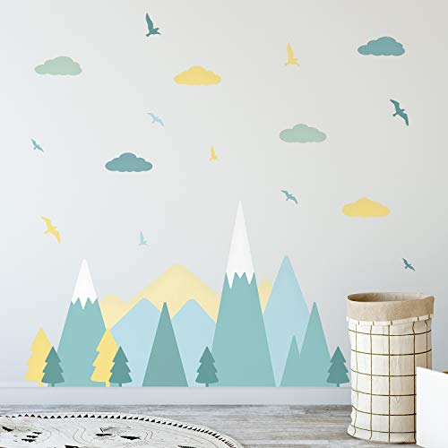 Colorido paisaje de las montañas escandinavo, pegatinas de pared para niños, pegatinas de montaña, guardería, bebé, bosque, aventura, decoración de pared