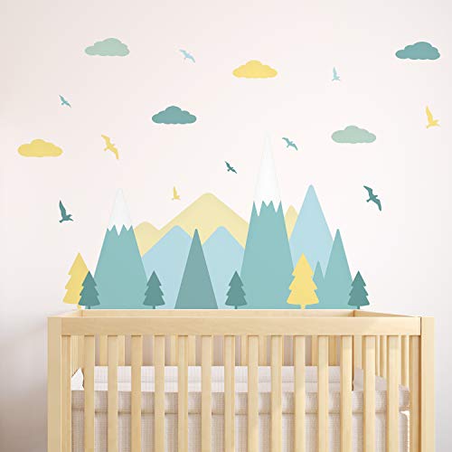 Colorido paisaje de las montañas escandinavo, pegatinas de pared para niños, pegatinas de montaña, guardería, bebé, bosque, aventura, decoración de pared