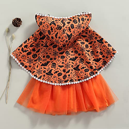 Conjunto de Ropa Halloween para Bebé Niña Vestido sin Manga de Algodón y Tul con Estampado de Calabaza + Capa con Capucha y Patrones Lindos para Chicas de 18 Meses a 5 Años (Naranja, 3 Años)