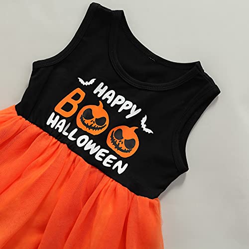 Conjunto de Ropa Halloween para Bebé Niña Vestido sin Manga de Algodón y Tul con Estampado de Calabaza + Capa con Capucha y Patrones Lindos para Chicas de 18 Meses a 5 Años (Naranja, 3 Años)