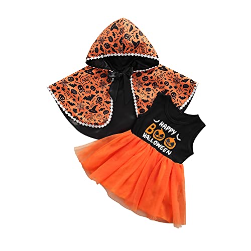 Conjunto de Ropa Halloween para Bebé Niña Vestido sin Manga de Algodón y Tul con Estampado de Calabaza + Capa con Capucha y Patrones Lindos para Chicas de 18 Meses a 5 Años (Naranja, 3 Años)