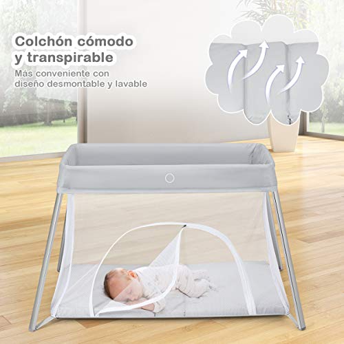 COSTWAY Cuna Portátil de Viaje para Niños, Parque Plegable para Niños con Colchón Lavable, Diseño con Cremallera Lateral, Bolsa de Transporte, Fácil de Montar, Parque 2 en 1 para Bebés y Niños (Plata)