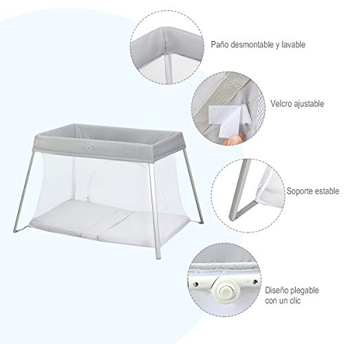 COSTWAY Cuna Portátil de Viaje para Niños, Parque Plegable para Niños con Colchón Lavable, Diseño con Cremallera Lateral, Bolsa de Transporte, Fácil de Montar, Parque 2 en 1 para Bebés y Niños (Plata)