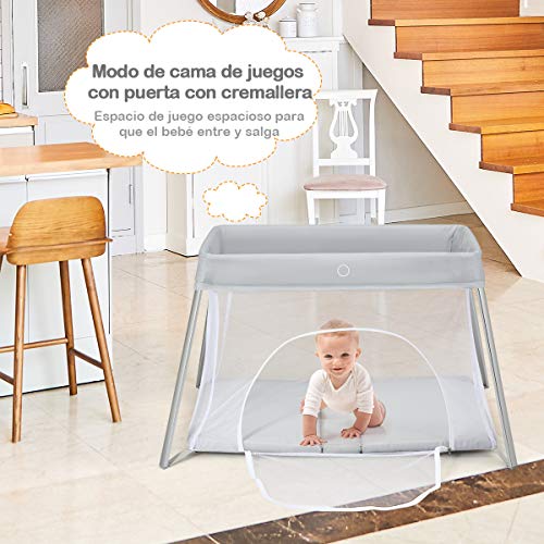 COSTWAY Cuna Portátil de Viaje para Niños, Parque Plegable para Niños con Colchón Lavable, Diseño con Cremallera Lateral, Bolsa de Transporte, Fácil de Montar, Parque 2 en 1 para Bebés y Niños (Plata)