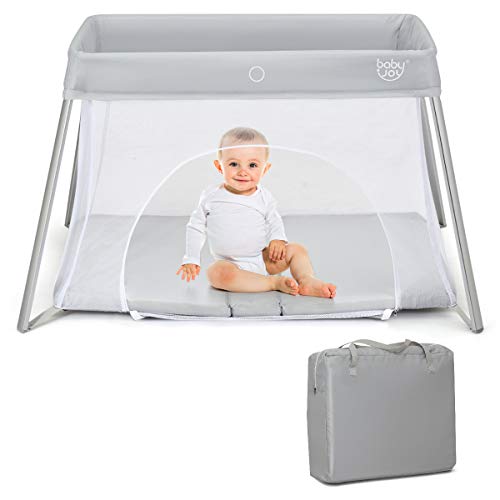 COSTWAY Cuna Portátil de Viaje para Niños, Parque Plegable para Niños con Colchón Lavable, Diseño con Cremallera Lateral, Bolsa de Transporte, Fácil de Montar, Parque 2 en 1 para Bebés y Niños (Plata)