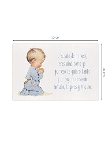 CUADRIMAN | Cuadro para Habitación Infantil Azul Liso | Bebé Niño Rezando con oración Jesusito. Tamaño 30 x 20 cm | Impreso sobre Lienzo