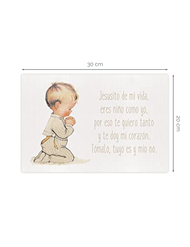 CUADRIMAN | Cuadro para Habitación Infantil Beige Liso | Bebé Niño Rezando con oración Jesusito. Tamaño 30 x 20 cm | Impreso sobre Lienzo