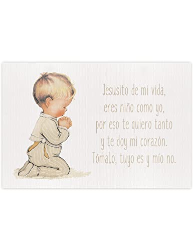 CUADRIMAN | Cuadro para Habitación Infantil Beige Liso | Bebé Niño Rezando con oración Jesusito. Tamaño 30 x 20 cm | Impreso sobre Lienzo