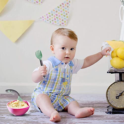 Cuchara de bebé curva, Caja de cuchara bebé Cuchara de destete Cubiertos de bebe Cuchara de silicona Tenedor y cuchara pequeños, Tenedor de frutaConjunto de 2 piezas (rosa + verde)