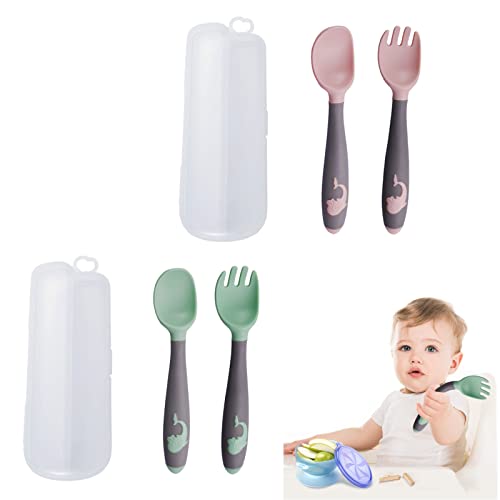 Cuchara de bebé curva, Caja de cuchara bebé Cuchara de destete Cubiertos de bebe Cuchara de silicona Tenedor y cuchara pequeños, Tenedor de frutaConjunto de 2 piezas (rosa + verde)