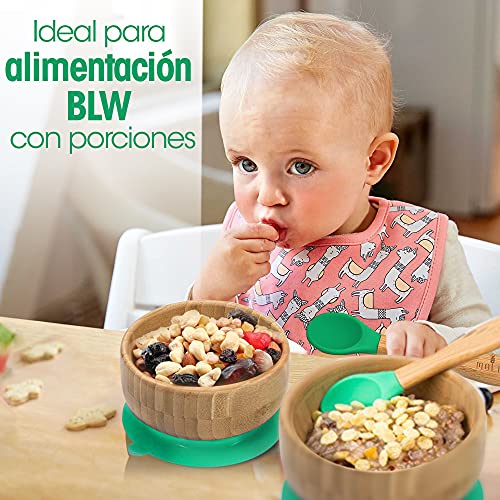 Cuenco bambú para bebes con cuchara y ventosa antiderrame. Bol para alimentacion infantil