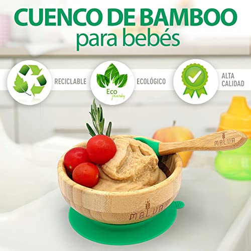 Cuenco bambú para bebes con cuchara y ventosa antiderrame. Bol para alimentacion infantil