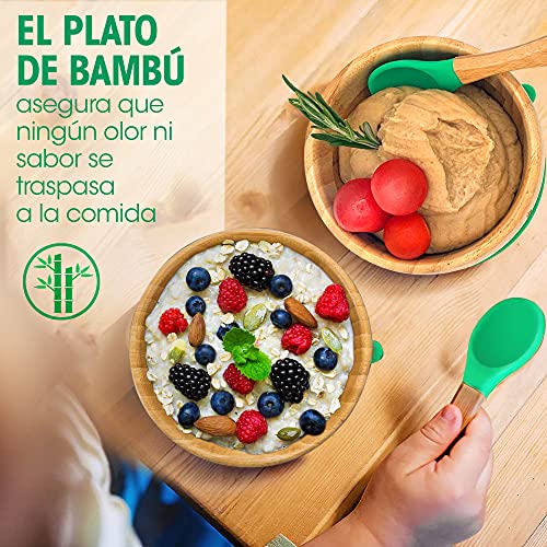 Cuenco bambú para bebes con cuchara y ventosa antiderrame. Bol para alimentacion infantil