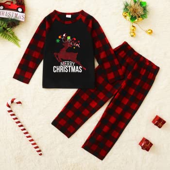 DaMohony - Pijama de Navidad a juego para familia: adulto, niño, bebé - Diseño de cuadros con alce e inscripción «Merry Christmas», Niño, 5-6 Años